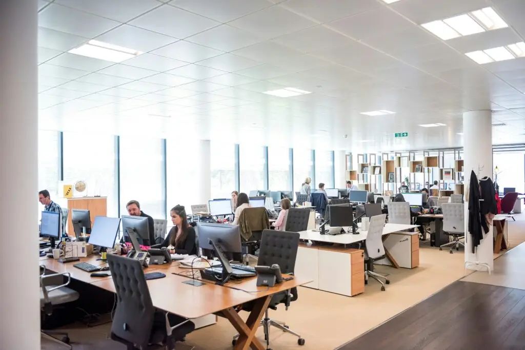 Open-plan BPO office with employees working on computers providing professional outsourcing services